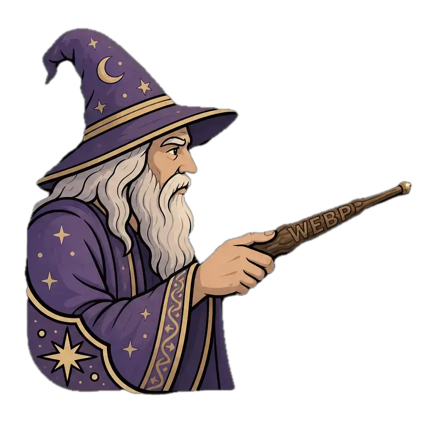 WebP Wand wizard pointing his wand at the steps