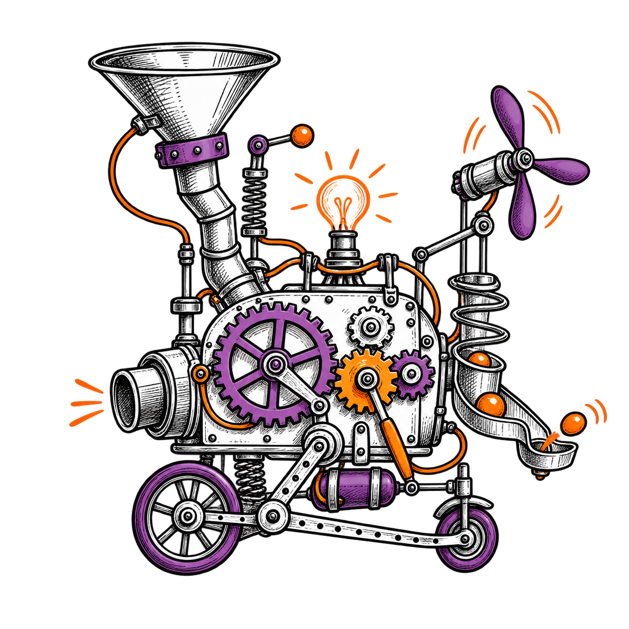 A whimsical invention sketched with gears, springs, wheels, wires, a light bulb, and a tiny propeller