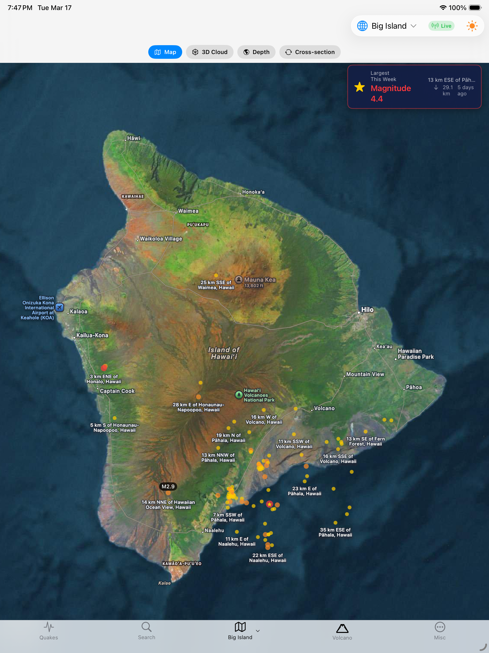 최근 지진 활동을 보여 주는 Hawaiʻi 섬 개요 지도