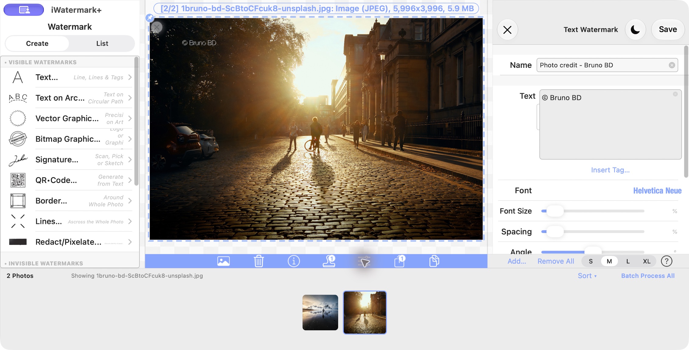 iWatermark+ for Mac 7.2.7 build 3 showing visible watermark types, a golden street photo with an embossed photo credit, the Text inspector and the photo tray.