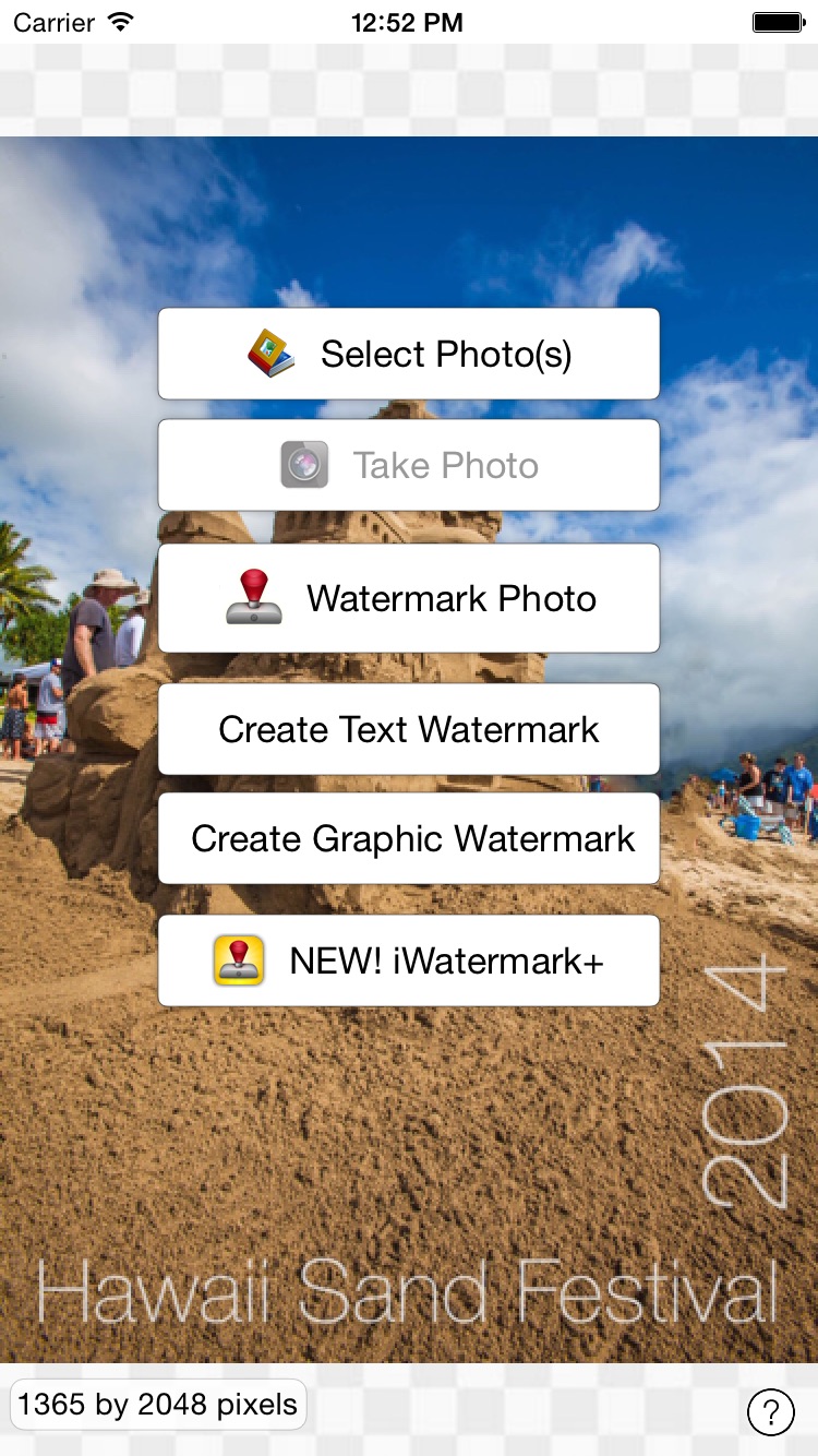 iWatermark on iPhone showing the classic main screen for choosing photos and starting a watermark