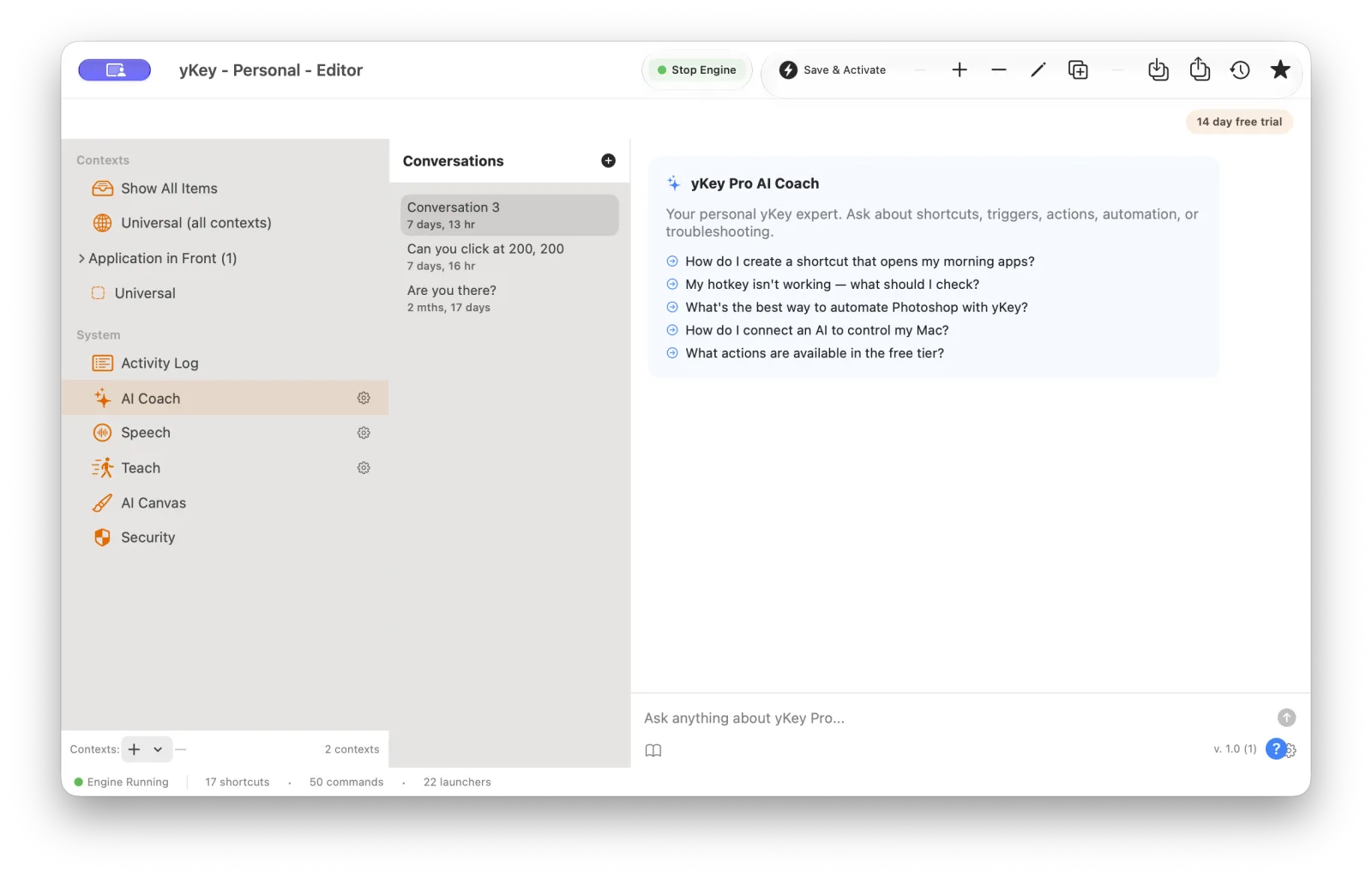yKey AI Coach with suggested questions about shortcuts and automation