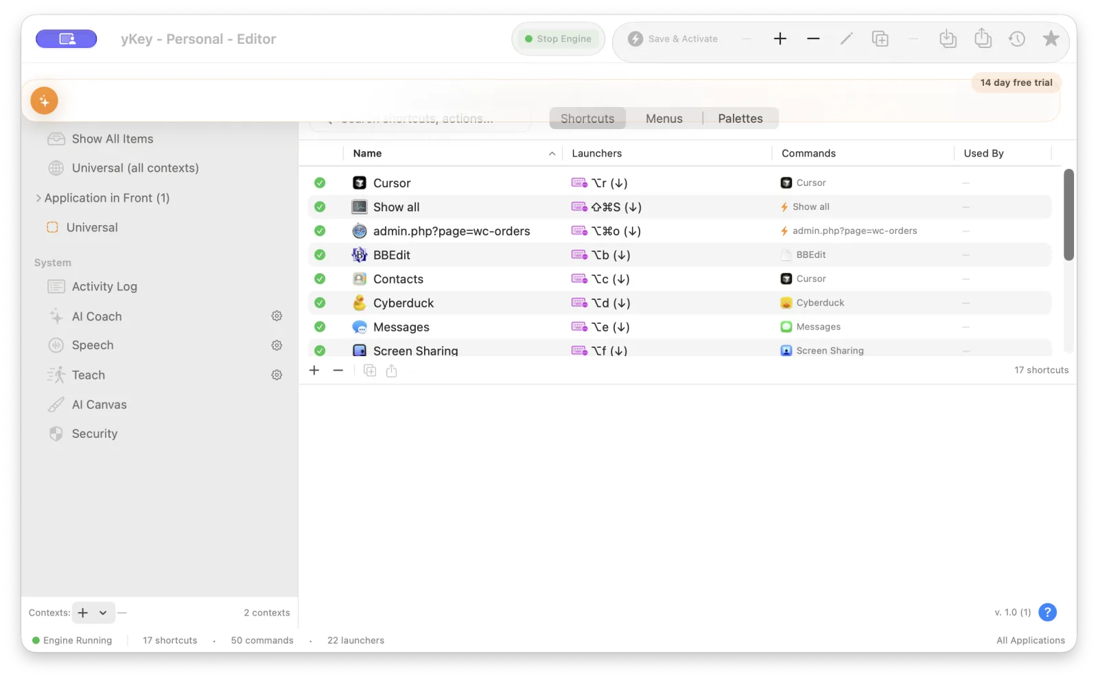 yKey editor listing shortcuts, keyboard launchers, and commands