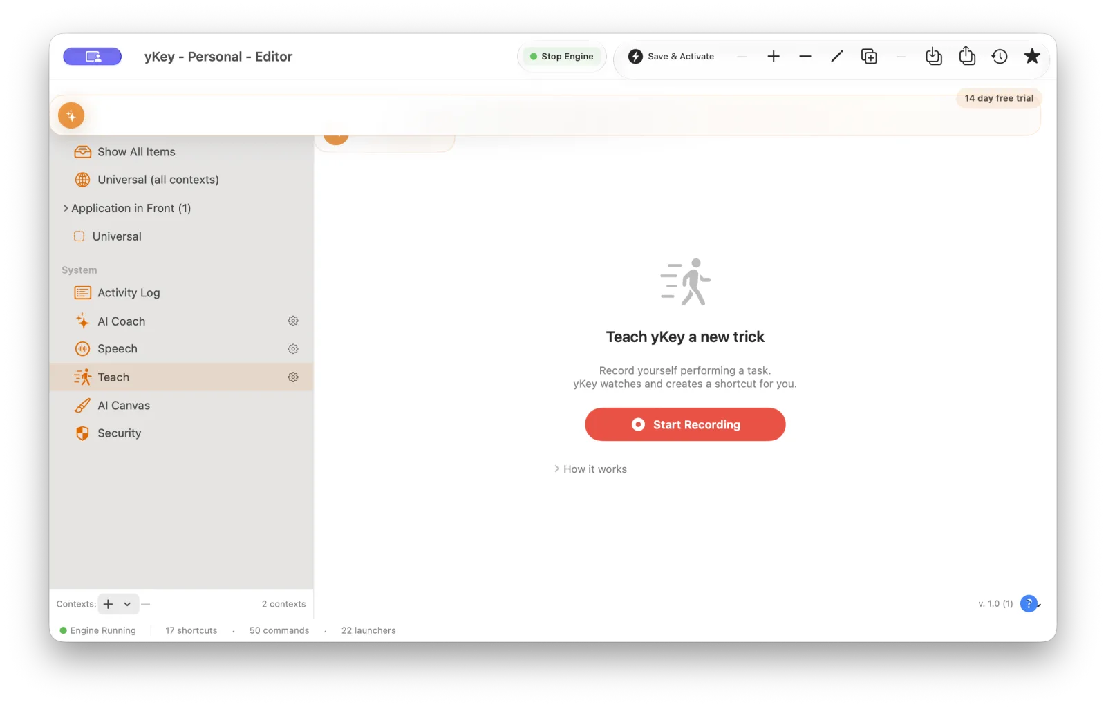 yKey Teach screen ready to record a task and create a shortcut