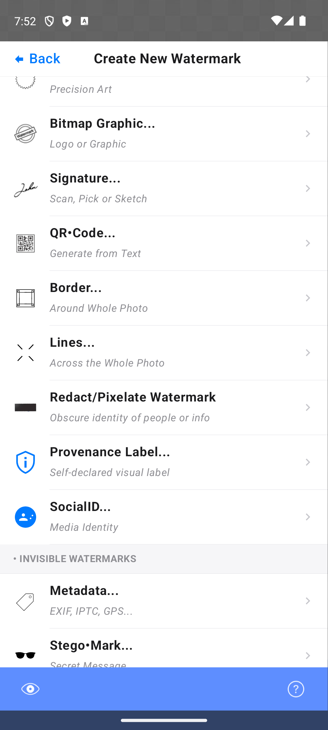 The beta.9 Create New Watermark screen, showing Provenance Label and SocialID after Redact and Pixelate