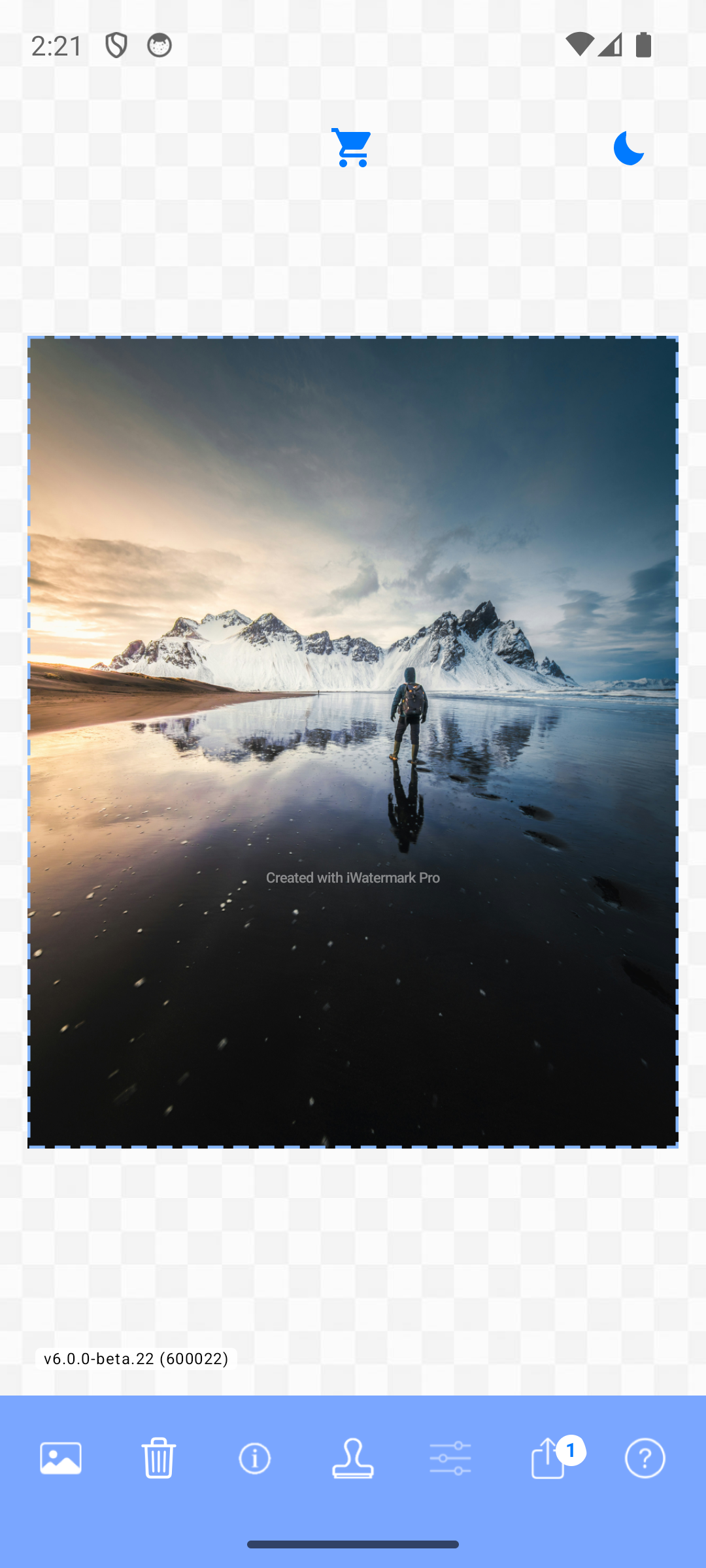 Pro beta.22 canvas with the Marco Grosso sample: the subtle trial notice is visible on the photo, and the share badge shows one selected image