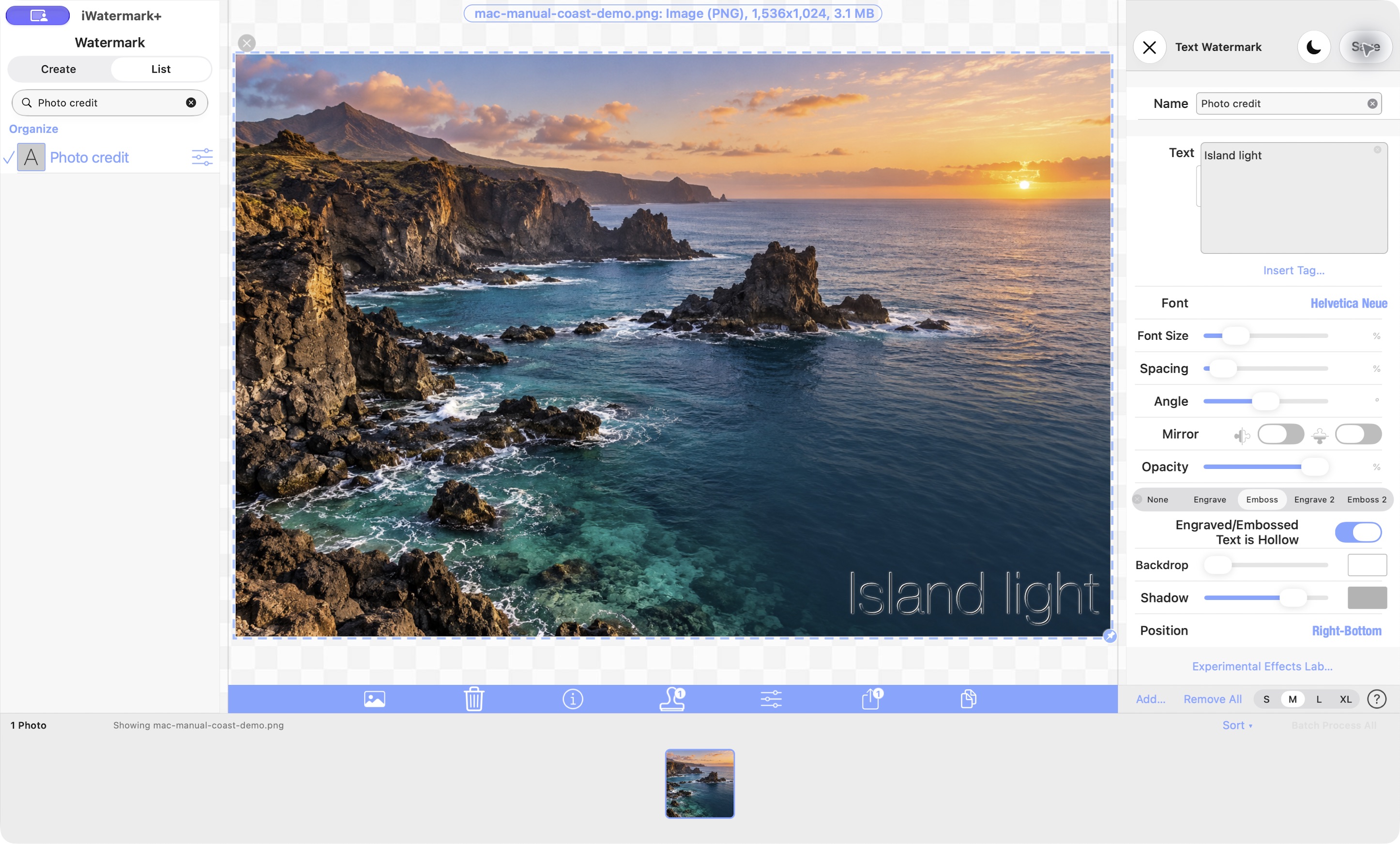 The Mac workspace with one Text watermark using hollow Emboss at the lower right. The coastal image is an AI-generated illustration, not a documentary photograph.