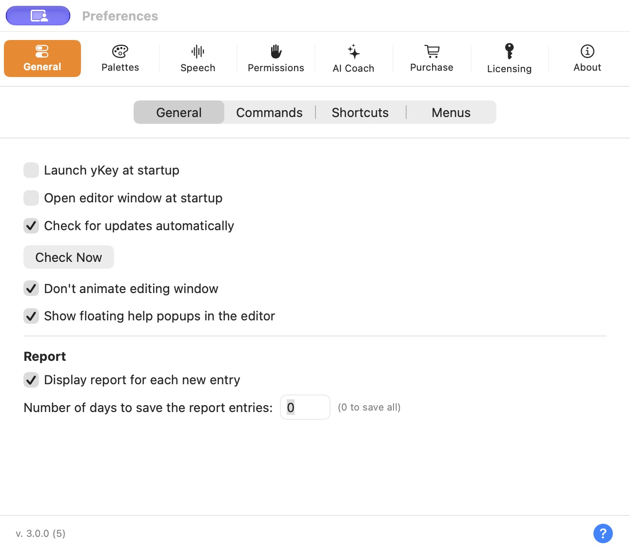 Beta 5 screenshot: General preferences control login, editor startup, automatic update checks, contextual help and Activity Log retention. The build number appears at the lower left.