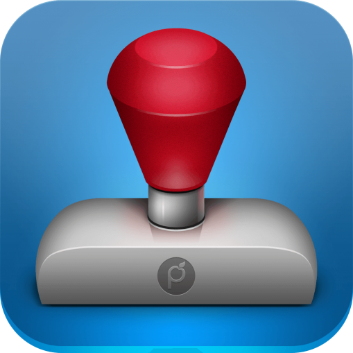 iOS 用 iWatermark アイコン/ロゴ 1024x1024 ピクセル - ウォーターマーク写真。 青い背景にゴム印、赤いハンドルとグレーのスタンプで構成されます。