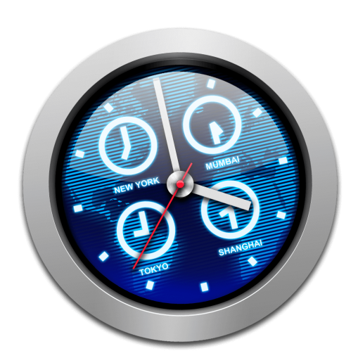 iclock lietotnes ikona/logotips no plum amazing. ikona sastāv no pulksteņa ar zilu seju pasaules pulksteņa un pelēkas malas pasaules pulksteņa kalendāra taimera modinātāju zvaniem mac izvēlņu joslas lietotni