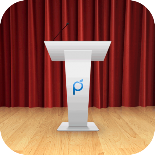 Aplikasi pembuat ucapan dari Plum Amazing untuk android dan ios. Terdiri dari panggung dengan latar tirai merah dan lantai kayu serta podium putih