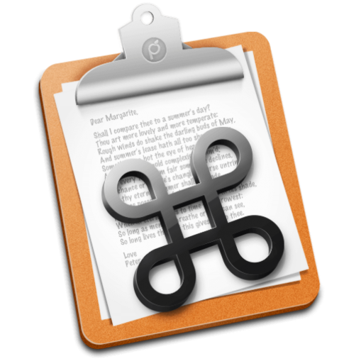 Ikona CopyPaste Pro dla aplikacji Mac o tej samej nazwie. Ikona to schowek z papierami pochylonymi w lewo z klawiszem poleceń/koniczyną na górze.