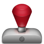 iWatermark Pro for Windows App from Plum Amazing. Consists of rubber stamp with red handle and gray stamp. watermark text logo graphic qr resize rename vector border signature metadata stegonography filters