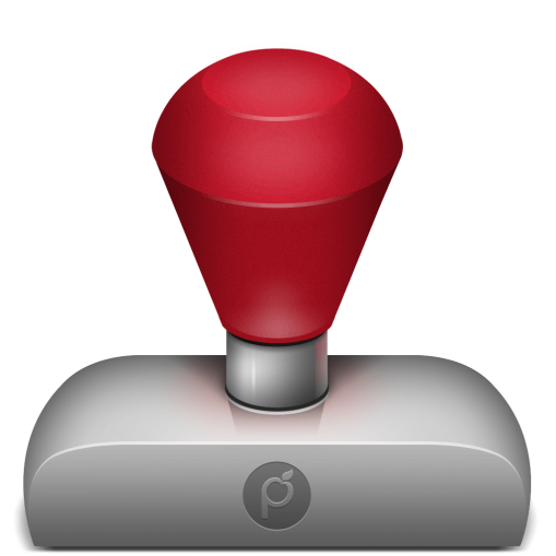 iWatermark Pro for Windows App from Plum Amazing. Consists of rubber stamp with red handle and gray stamp. watermark text logo graphic qr resize rename vector border signature metadata stegonography filters