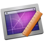 PixelStick Mac App icon and logo from Plum Amazing. Consists of purple computer screen tilted left with inset window and ruler also tilted to the left.