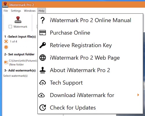 help menu in iwatermark pro 2 win