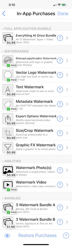 all in app purchases for iwatermark+ lite