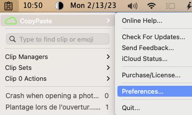 Preferences menu in CopyPaste for Mac