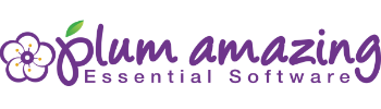 Visually plum amazing logo is a plum blossom with the words plum amazing to the right in fat cursive script. Underneath the logo is printed text Essential Software.