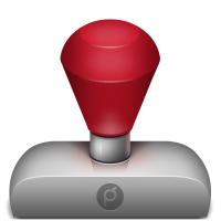 iWatermark Pro for Windows App from Plum Amazing. Consists of rubber stamp with red handle and gray stamp. watermark text logo graphic qr resize rename vector border signature metadata stegonography filters